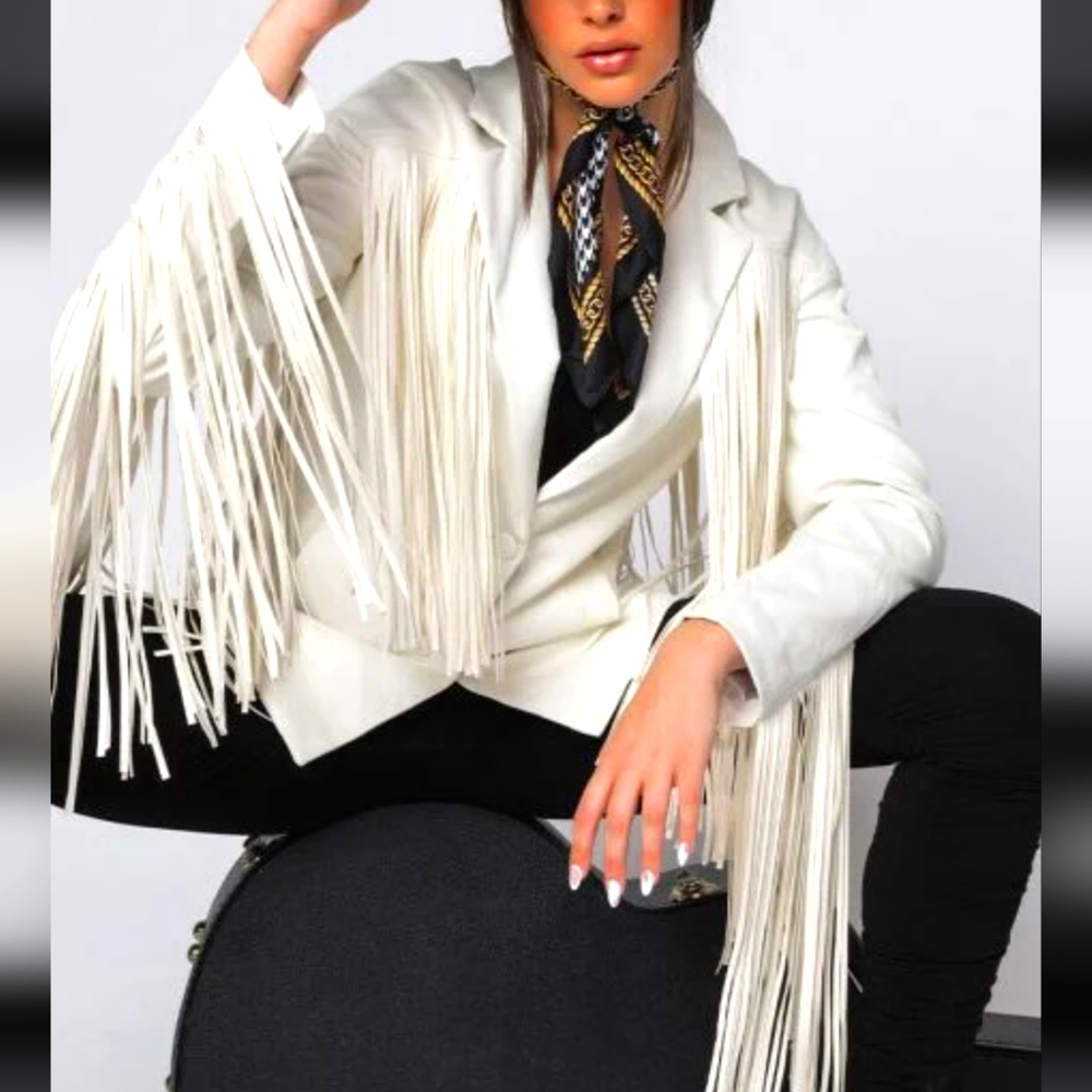Akira Cream Faux Leather Fringe Blazer